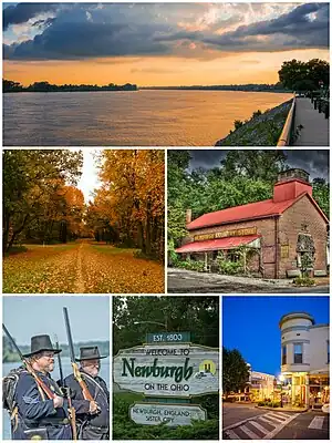 Top to bottom, left to right: Newburgh riverfront, Angel Mounds, Newburgh Country Store, re-enactors of the Newburgh Raid, town welcome sign, and Exchange Hotel
