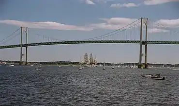The bridge with a ship passing underneath the main span