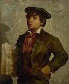 An oil painting portrait of a young African American boy, who wears a newsboy cap and carries a newspaper in his right hand.