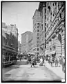 Newspaper Row in ca. 1906, showing the locations of the Boston Post (left), the Boston Globe (center-left) and the Boston Journal (center-right)