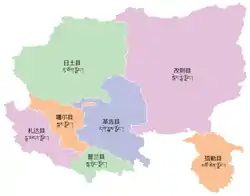 Map showing Gêrzê County (purple, upper right) in Ngari Prefecture