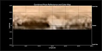 Pluto - Tombaugh Regio is prominent near the center of this map, which also gives coordinates.