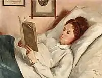 Nicoline Tuxen Portrait of a woman reading in bed