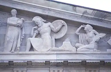 and right sections of the pediment of the Buffalo and Erie County Historical Society Building in Buffalo, New York