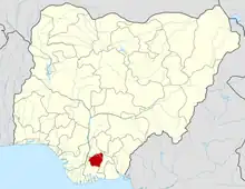 Ahiara is in Imo State which is shown in red.