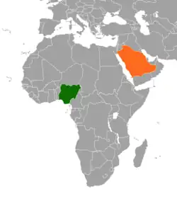 Map indicating locations of Nigeria and Saudi Arabia