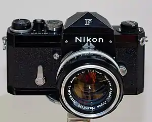 Nikon F with an interchangeable roof pentaprism — the first system camera with a roof pentaprism.