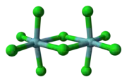 Ball-and-stick model of niobium pentachloride, a bioctahedral coordination compound.