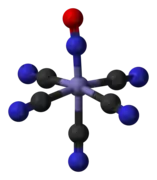 The nitroprusside anion, [Fe(CN)5NO]2−, an octahedral complex containing  a "linear NO" ligand.