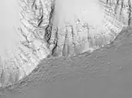 Layers in the wall of Noctis Labyrinthus taken with Mars Global Surveyor,under the MOC Public Targeting Program. Courtesy NASA/Malin Space Science Systems.