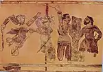 Fighting scene, between Yuezhi (warrior on the left in each pair), and Sogdians (warriors on the right in each pair).