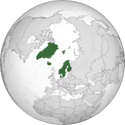 Land controlled by the Nordic countries shown in dark green. Bouvet Island and Antarctic claims not shown.