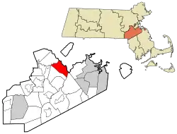 Location of Dedham in Norfolk County, Massachusetts