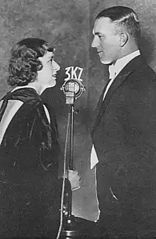 Image 72Naomi ("Joan") Melwit and Norman Banks at the 3KZ microphone, in the late 1930s (from History of broadcasting)