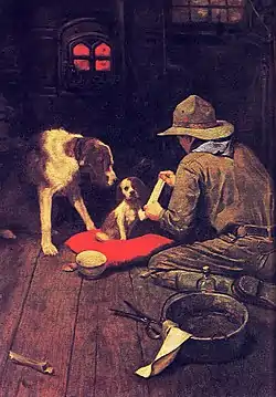 A Boy Scout in a dark tan uniform with a matching wide brimmed hat bandages the foot of a spaniel puppy while being watched by its mother