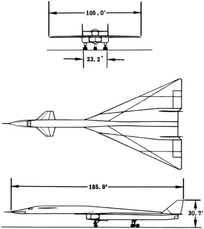 3-view line drawing of the North American B-70 Valkyrie