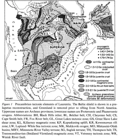 This map of North America shows the locations of the Superior province, Penokean oroginic area and Midcontinent Rift.