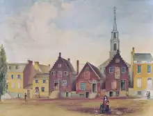 A watercolor painting of brown and yellow row houses in front of a dirt road, two of which have classic Dutch stepped gables; a white church spire is seen in the background.