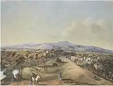  Painting of a town near a river with woodlands and hills in the background