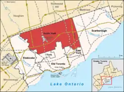 Location of North York (red) within the rest of Toronto.