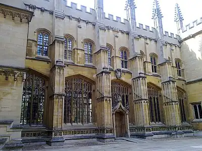 View of the north face of the Divinity School, Oxford, facing the Sheldonian Theatre.