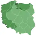 Present-day administrative division of Poland, Western and Northern Lands in dark green