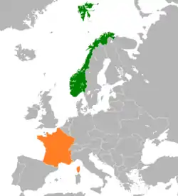 Map indicating locations of Norway and France