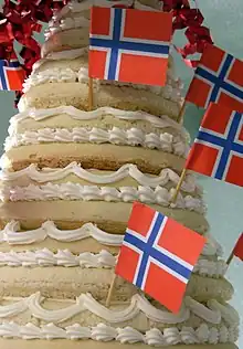 Closeup of a kransekake decorated with Norwegian flags