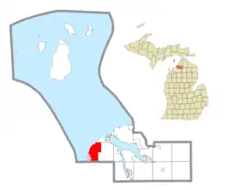 Location within Charlevoix County (red) and the administered CDP of Norwood (pink)