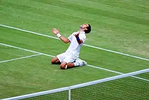 Novak Djokovic celebrates his 2011 Wimbledon semi-final win over Jo-Wilfried Tsonga. The victory meant that Djokovic successfully clinched the ATP world No. 1 Ranking for the first time in his career on 1 July 2011. He also reached his first-ever Wimbledon final, which he eventually won.