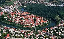 Novo Mesto with the Krka River from the air