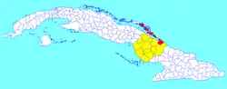 Nuevitas municipality (red) within  Camagüey Province (yellow) and Cuba