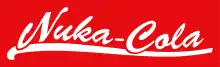 A logo with white text on a red background. The text cursively reads "Nuka-Cola" and is underlined in white.