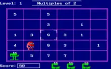 A screenshot from the Number Munchers game (DOS version) showing the muncher and a troggle monster in the playfield.