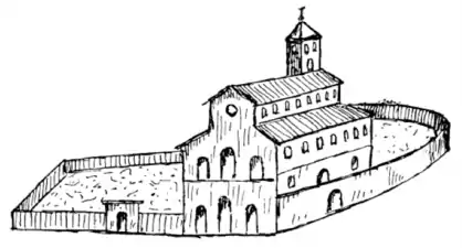 A black and white drawing of a church.