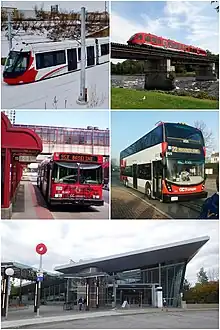 From top-left, clockwise: a Citadis Spirit train on the Confederation Line, a Coradia LINT train on the Trillium Line, an Alexander Dennis double-decker bus, Tremblay station, and a New Flyer articulated bus at Westboro station
