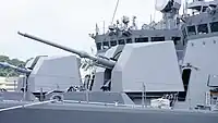 OTO Melara 76mm gun mounted on JS Hayabusa(PG-824) left front view at JMSDF Maizuru Naval Base July 27, 2014