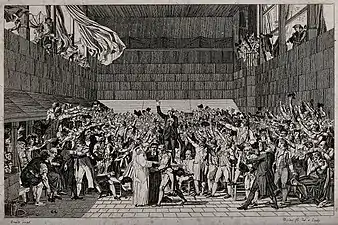 The deputies of the third estate meeting in the tennis court at the Château of Versailles, swearing not to disperse until a constitution is assured.