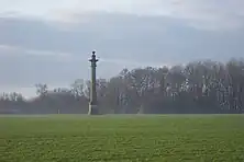 A tall stone obelisk in the middle of a field with grass and trees in the background.