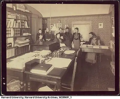 Harvard Computers and Mary Anna Palmer Draper are pictured together. It was taken in the long computing room on the south side of the second floor of the building in 1891, facing east. Left to right: unknown woman (standing), unknown woman (seated), possibly Evelyn Leland, Mrs. Draper (seated), Antonia Maury, Williamina Fleming, possibly Mabel C. Stevens (or some other Stevens), probably Florence Cushman, unknown woman. This description is based on http://hea-www.harvard.edu/~fine/Observatory/eleland.html#ComputersDraperPose Photo credit: HUV 1210 (9-3), olvwork289691. Harvard University Archives.