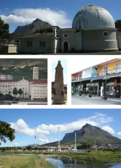 Top: One of the historic buildings at the former Royal Observatory, Cape of Good Hope.  Middle left: Groote Schuur Hospital.  Centre Middle: A World War I monument.  Middle right: Cafes on lower main road in Observatory. Bottom: Observatory's soccer and hockey stadium looking towards Devil's Peak.