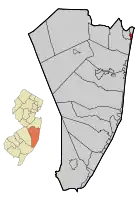 Location of Bay Head in Ocean County highlighted in red (right). Inset map: Location of Ocean County in New Jersey highlighted in orange (left).