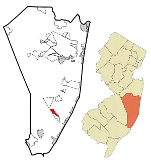 Location of Manahawkin in Ocean County highlighted in red (left). Inset map: Location of Ocean County in New Jersey highlighted in orange (right).