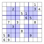A Sudoku puzzle grid with four blue quadrants and nine rows and nine columns that intersect at square spaces. Some of the spaces are filled with one number each; others are blank spaces to be solved.