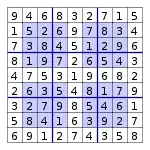The previous puzzle, solved with numbers in the blanks spaces.