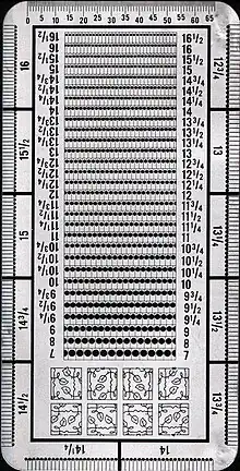 Perforation gauge. Also known as an odontometer.