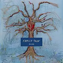 A hand drawn tree on top of a baby blue background; a deep blue label displaying the album's title appears on top of the tree's trunk.