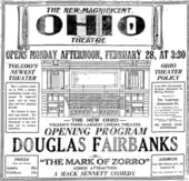 Ad for opening night at the Ohio Theatre.
