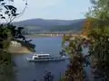 Passenger boat on the reservoir; Weißwasser Bridge in the background