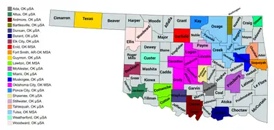 Map of the 22 core-based statistical areas in Oklahoma.